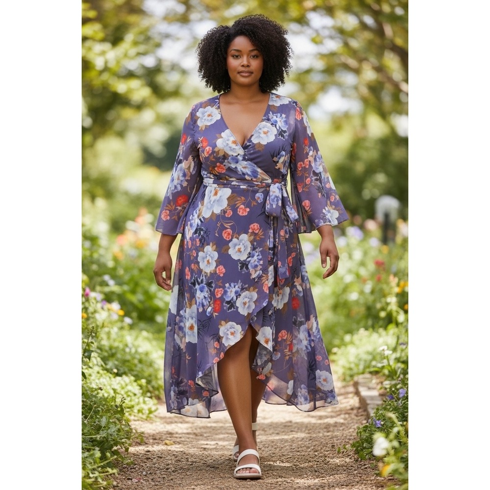 City Chic Blue‎ Floral Chiffon Wrap High-Low Maxi 2-pc Dress Set Plus Size L 20